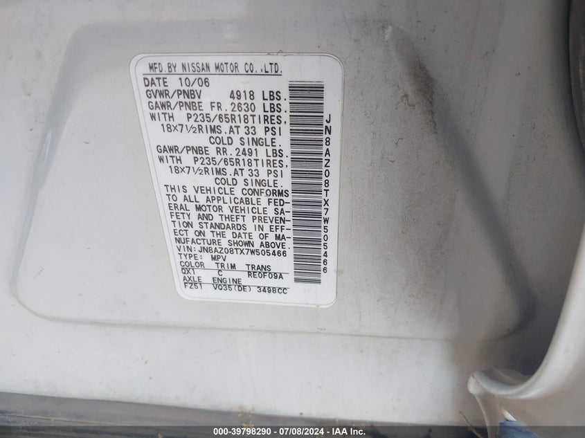 2007 Nissan Murano Sl VIN: JN8AZ08TX7W505466 Lot: 39798290