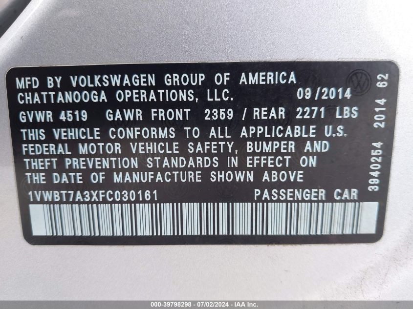 2015 Volkswagen Passat 1.8T Se VIN: 1VWBT7A3XFC030161 Lot: 39798298