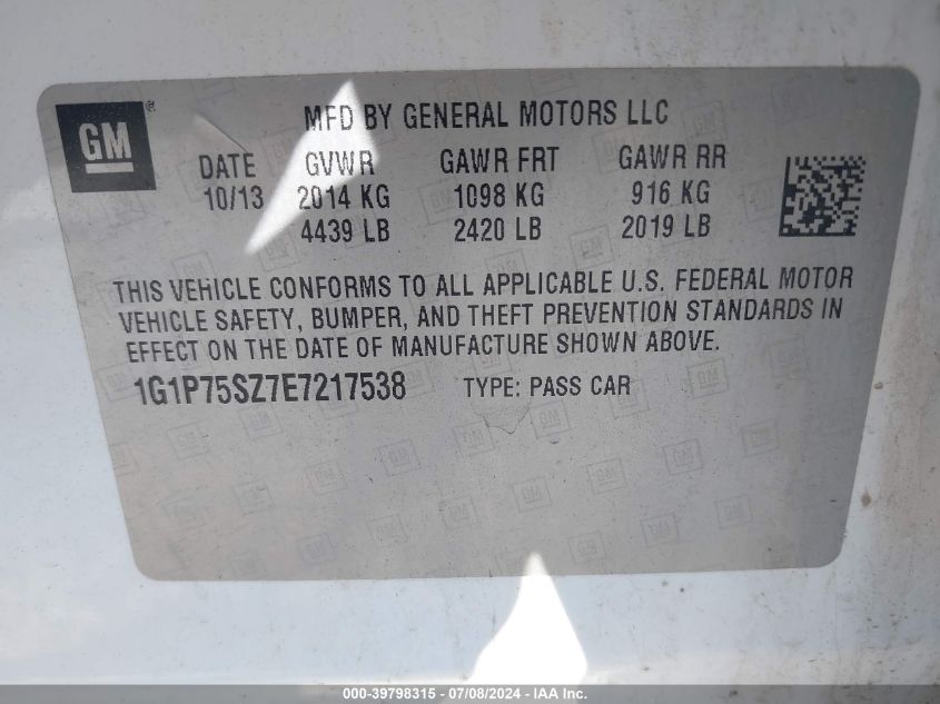 2014 Chevrolet Cruze VIN: 1G1P75SZ7E7217538 Lot: 39798315