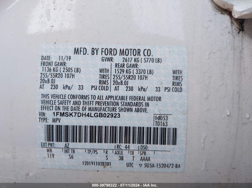 2020 Ford Explorer Xlt VIN: 1FMSK7DH4LGB02923 Lot: 39798322