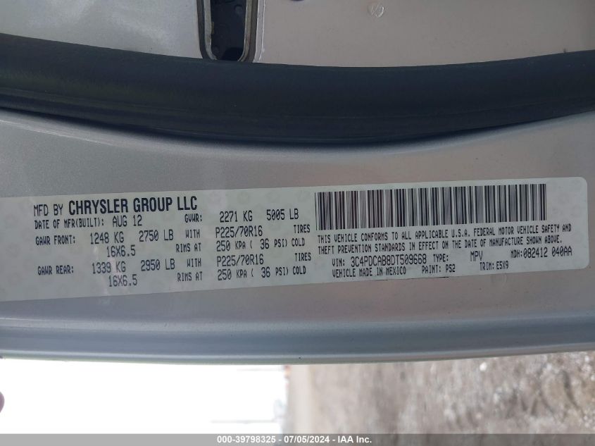 2013 Dodge Journey American Value Pkg VIN: 3C4PDCAB8DT509668 Lot: 39798325