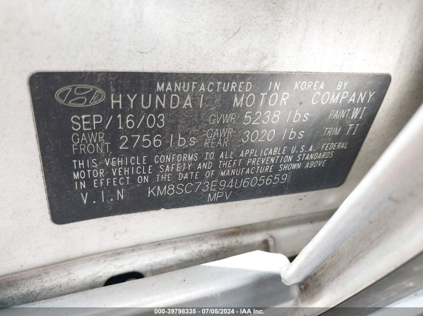 2004 Hyundai Santa Fe Gls/Lx VIN: KM8SC73E94U605659 Lot: 39798335