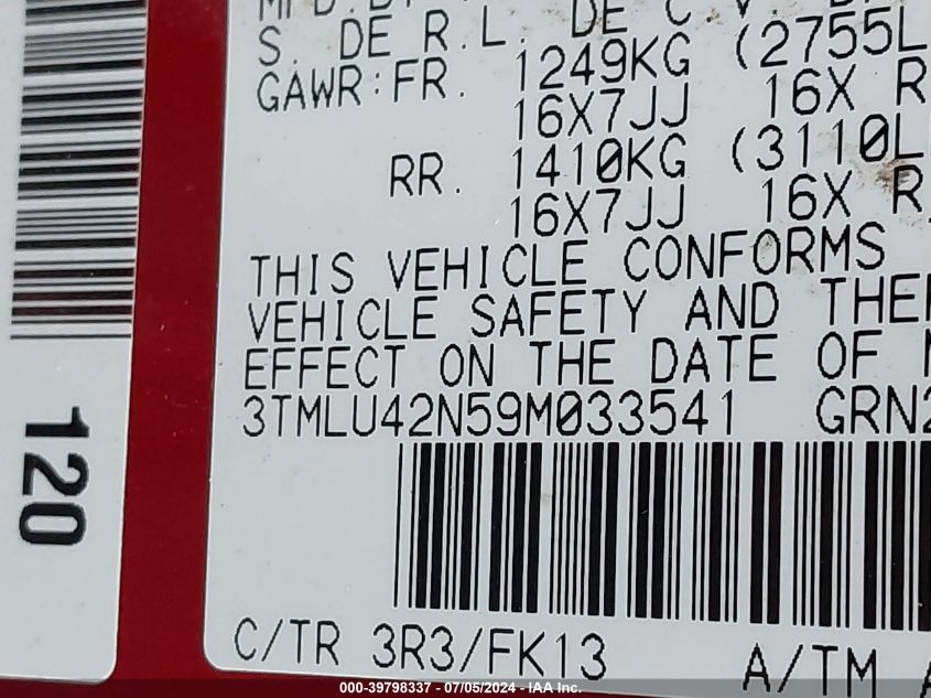 2009 Toyota Tacoma Base V6 VIN: 3TMLU42N59M033541 Lot: 39798337