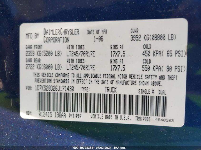 2006 Dodge Ram 2500 St/Slt VIN: 1D7KS28D26J171430 Lot: 39798354