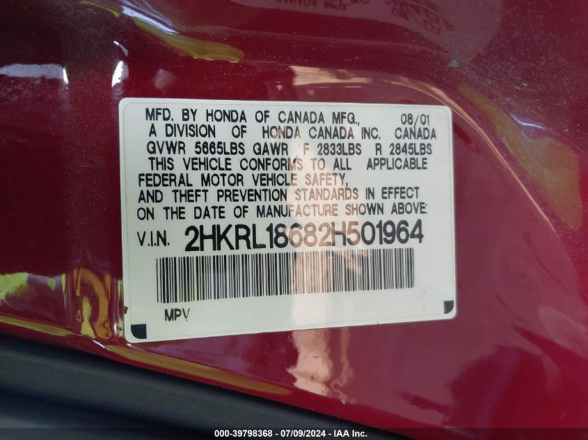 2002 Honda Odyssey Ex VIN: 2HKRL18682H501964 Lot: 39798368