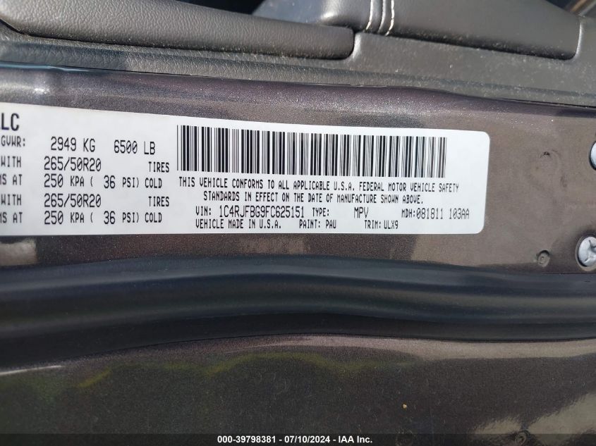 2015 Jeep Grand Cherokee Limited VIN: 1C4RJFBG9FC625151 Lot: 39798381