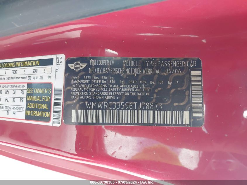 2006 Mini Cooper VIN: WMWRC33596TJ78873 Lot: 39798385