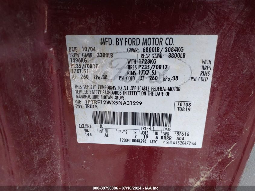 2005 Ford F-150 VIN: 1FTRF12WX5NA31229 Lot: 39798386