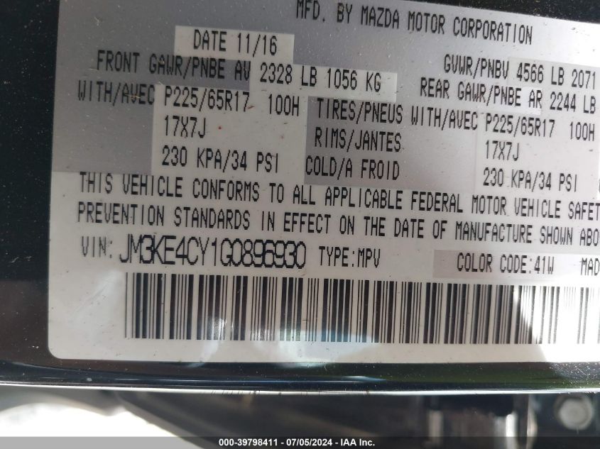 2016 Mazda Cx-5 Touring VIN: JM3KE4CY1G0896930 Lot: 39798411