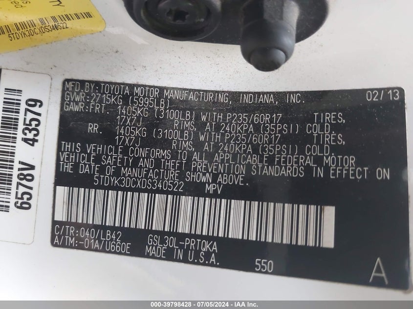 2013 Toyota Sienna Xle V6 8 Passenger VIN: 5TDYK3DCXDS340522 Lot: 39798428