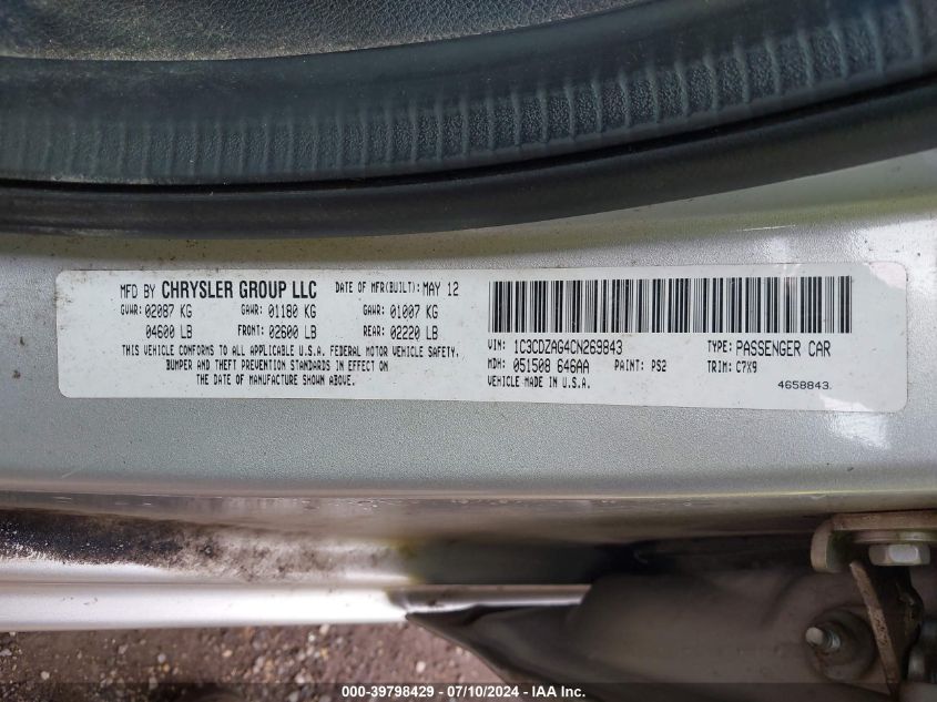 2012 Dodge Avenger Se VIN: 1C3CDZAG4CN269843 Lot: 39798429