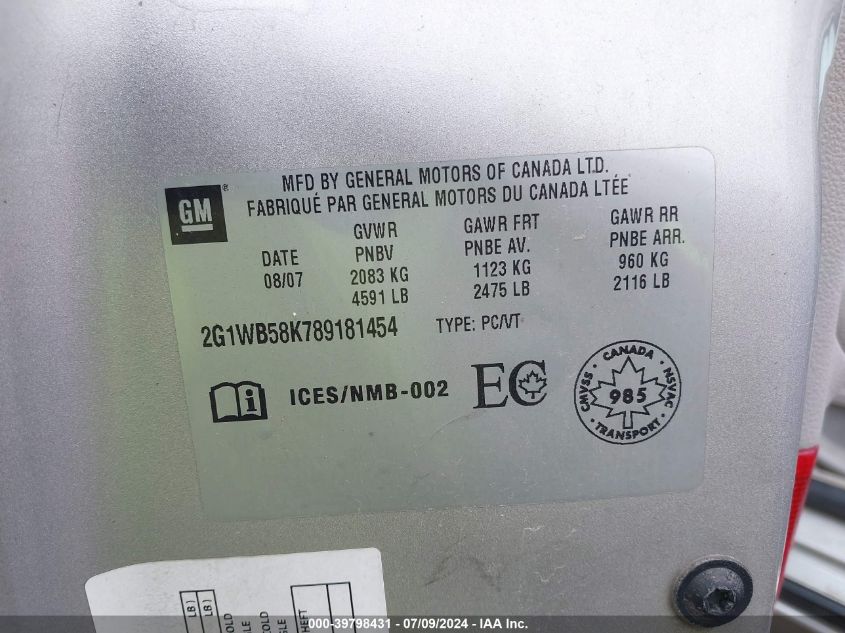 2008 Chevrolet Impala Ls VIN: 2G1WB58K789181454 Lot: 39798431