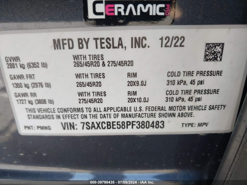 2023 Tesla Model X Dual Motor All-Wheel Drive/Standard Range VIN: 7SAXCBE58PF380483 Lot: 39798435