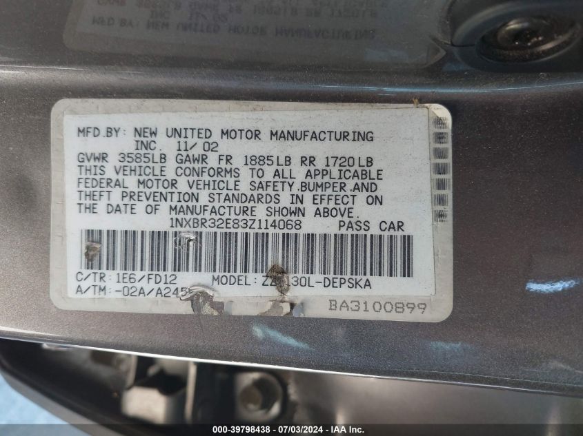 2003 Toyota Corolla S VIN: 1NXBR32E83Z114068 Lot: 39798438