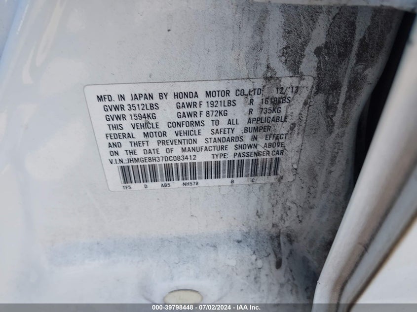 2013 Honda Fit VIN: JHMGE8H37DC083412 Lot: 39798448