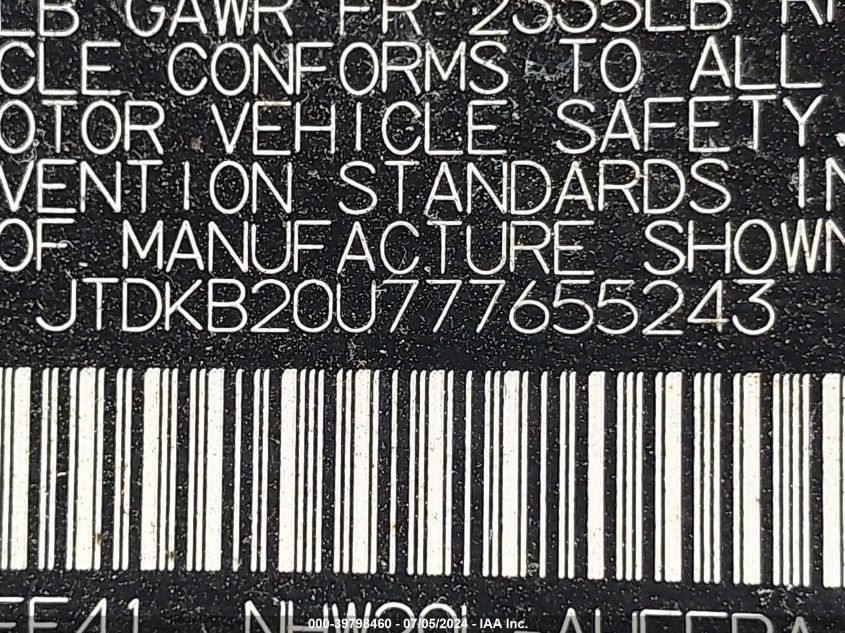 2007 Toyota Prius VIN: JTDKB20U777655243 Lot: 39798460