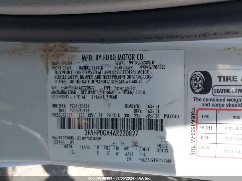 2010 Ford Fusion S VIN: 3FAHP0GA4AR220827 Lot: 39798469