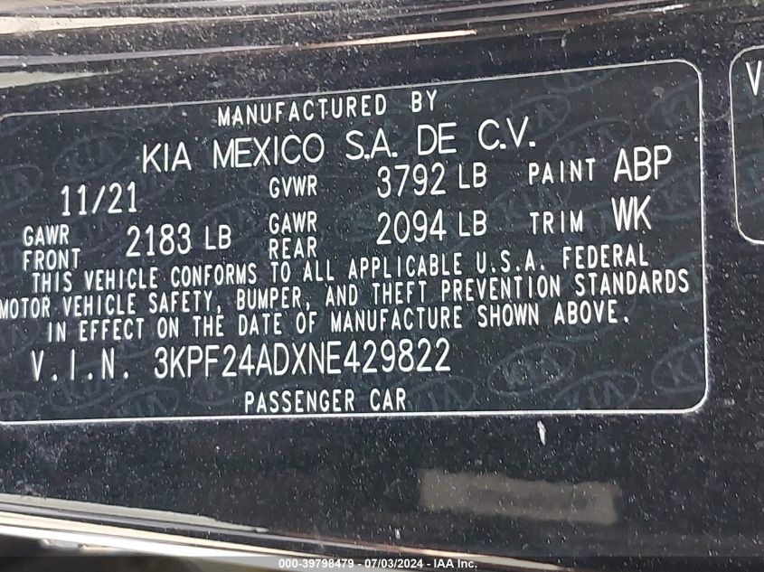2022 Kia Forte Fe VIN: 3KPF24ADXNE429822 Lot: 39798479
