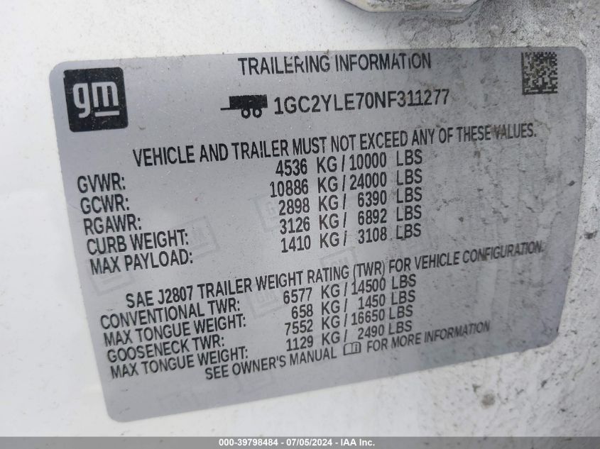 2022 Chevrolet Silverado 2500Hd 4Wd Double Cab Long Bed Wt VIN: 1GC2YLE70NF311277 Lot: 39798484