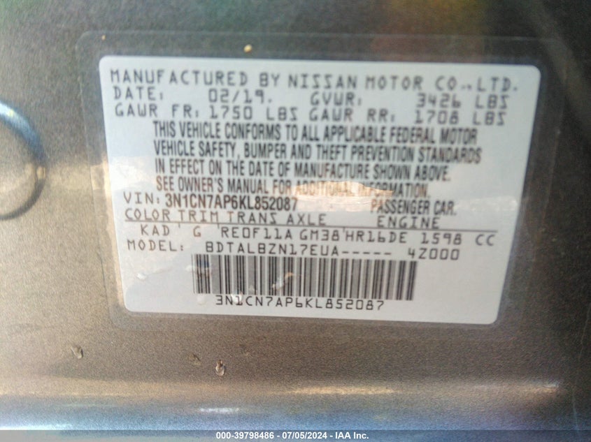 2019 Nissan Versa 1.6 Sv VIN: 3N1CN7AP6KL852087 Lot: 39798486