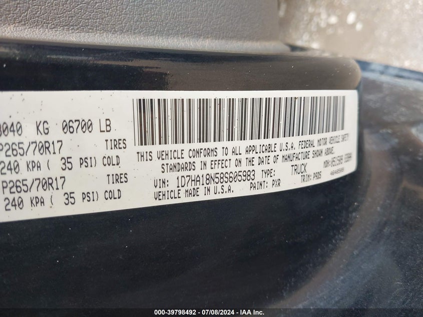 2008 Dodge Ram 1500 St/Sxt VIN: 1D7HA18N58S605983 Lot: 39798492