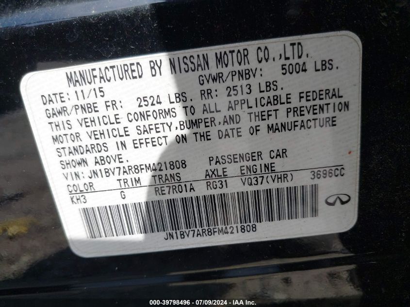 2015 Infiniti Q50 Premium VIN: JN1BV7AR8FM421808 Lot: 39798496