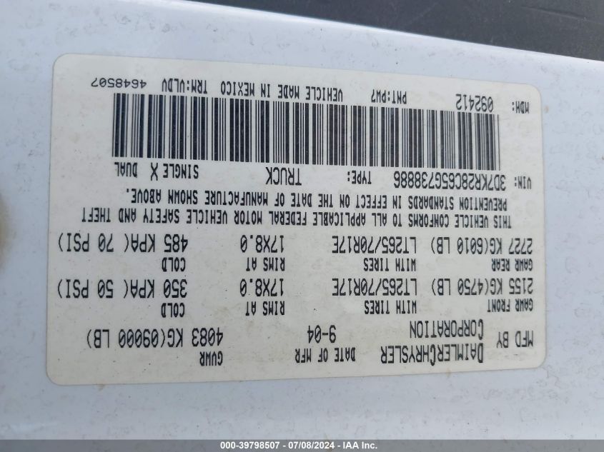 2005 Dodge Ram 2500 Slt/Laramie VIN: 3D7KR28C65G738886 Lot: 39798507