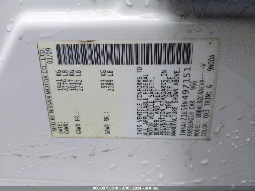 2009 Nissan Altima 2.5 S VIN: 1N4AL21E59N497151 Lot: 39798510