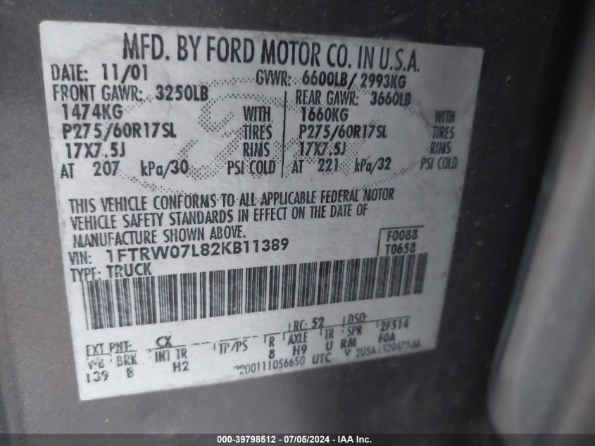 2002 Ford F-150 Lariat/Xlt VIN: 1FTRW07L82KB11389 Lot: 39798512