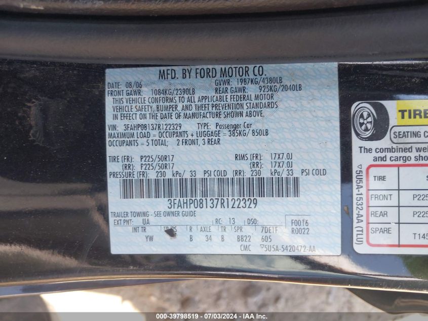 2007 Ford Fusion Sel VIN: 3FAHP08137R122329 Lot: 39798519
