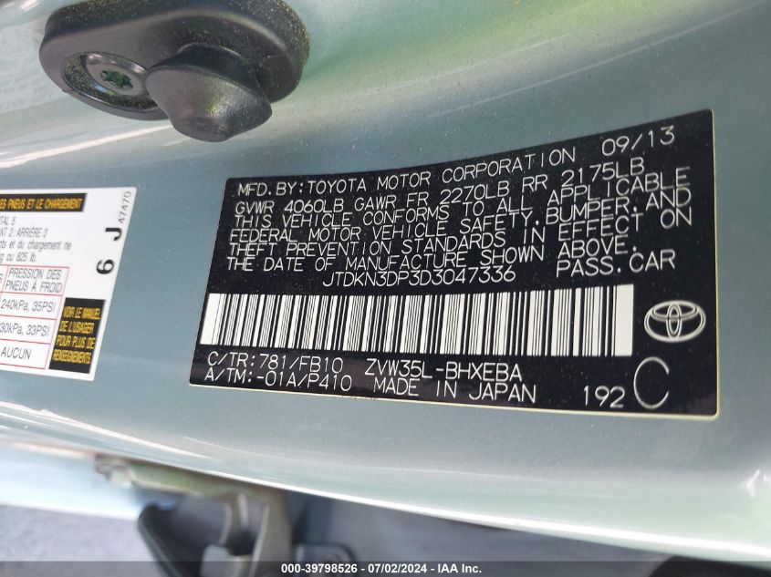 2013 Toyota Prius Plug-In VIN: JTDKN3DP3D3047336 Lot: 39798526