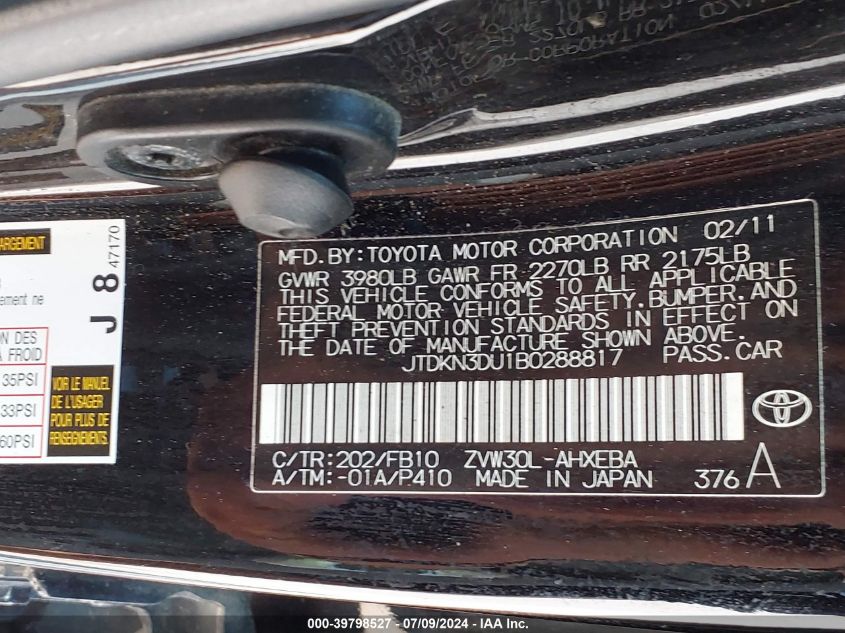 2011 Toyota Prius Two VIN: JTDKN3DU1B0288817 Lot: 39798527