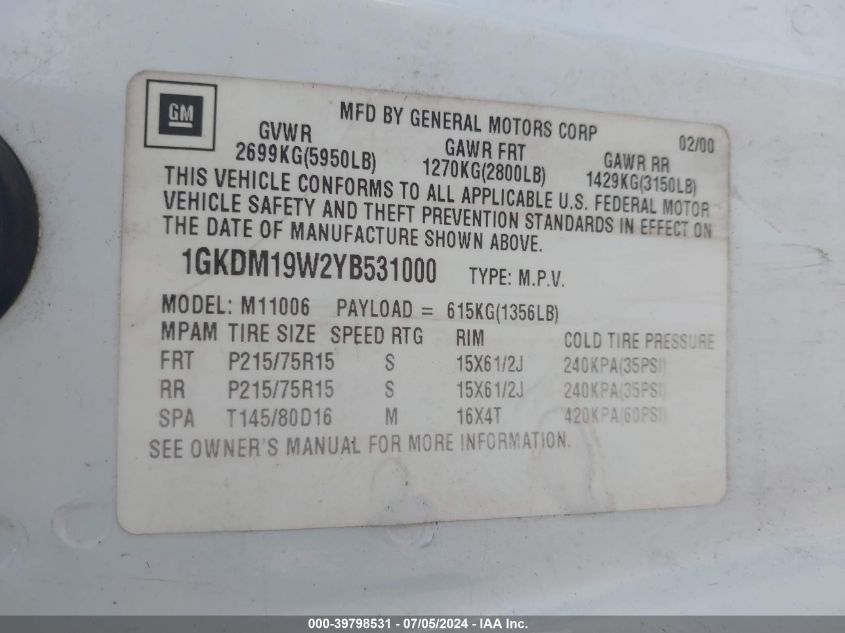 2000 GMC Safari Sl VIN: 1GKDM19W2YB531000 Lot: 39798531