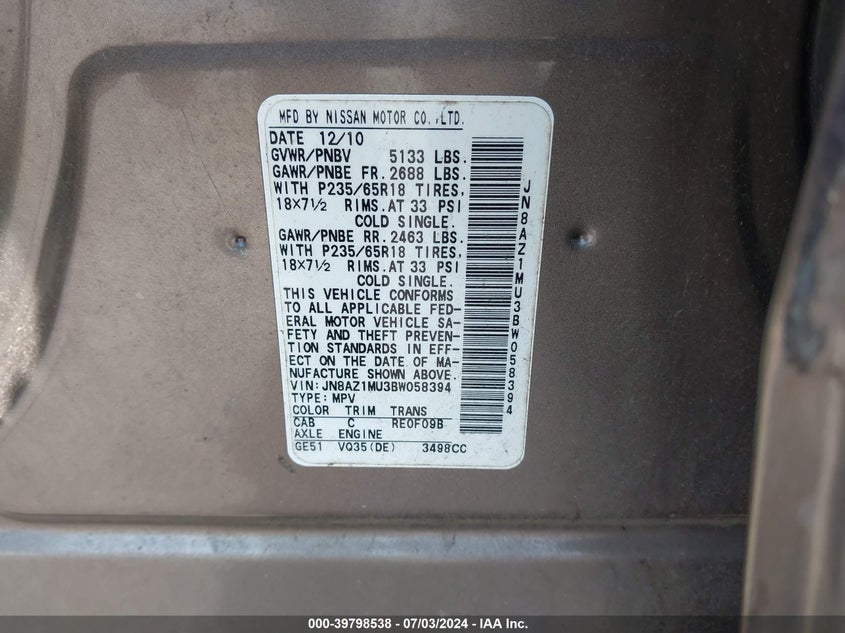 2011 Nissan Murano Sl VIN: JN8AZ1MU3BW058394 Lot: 39798538