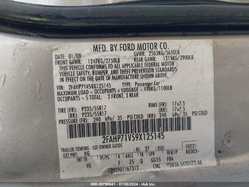 2009 Ford Crown Victoria Police/Police Interceptor VIN: 2FAHP71V59X125145 Lot: 39798541