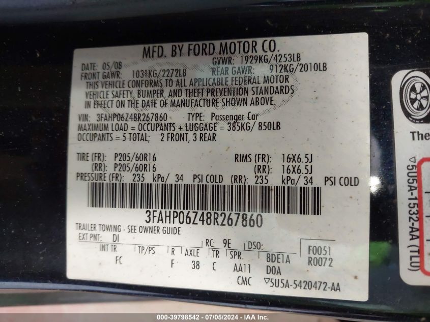 2008 Ford Fusion S VIN: 3FAHP06Z48R267860 Lot: 39798542