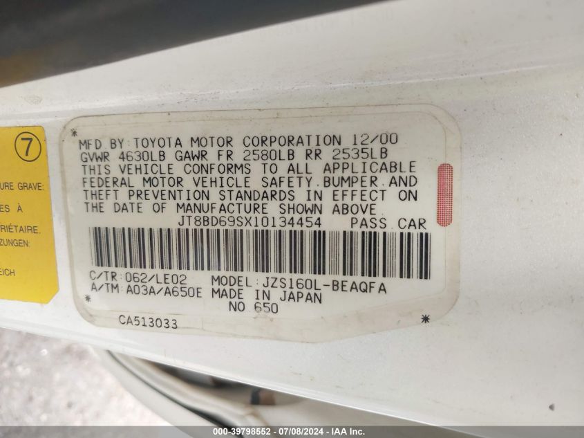 2001 Lexus Gs 300 VIN: JT8BD69SX10134454 Lot: 39798552