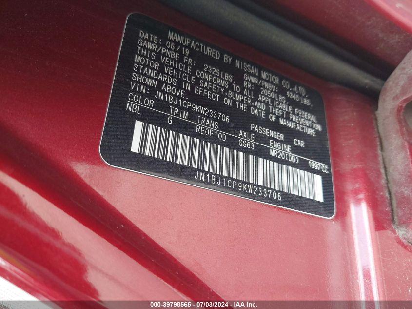 2019 Nissan Rogue Sport Sv VIN: JN1BJ1CP9KW233706 Lot: 39798565