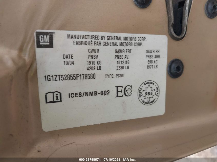 2005 Chevrolet Malibu Ls VIN: 1G1ZT52855F178580 Lot: 39798574