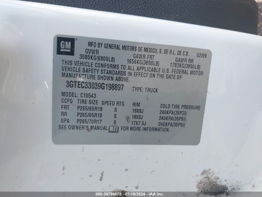 2009 GMC Sierra 1500 Slt VIN: 3GTEC33039G198897 Lot: 39798578