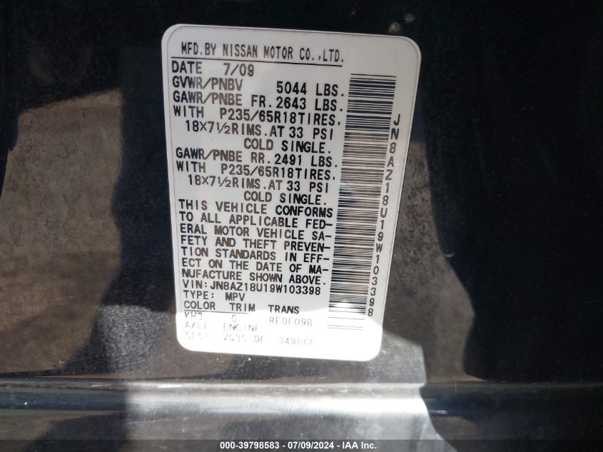 2009 Nissan Murano S/Sl VIN: JN8AZ18U19W103398 Lot: 39798583