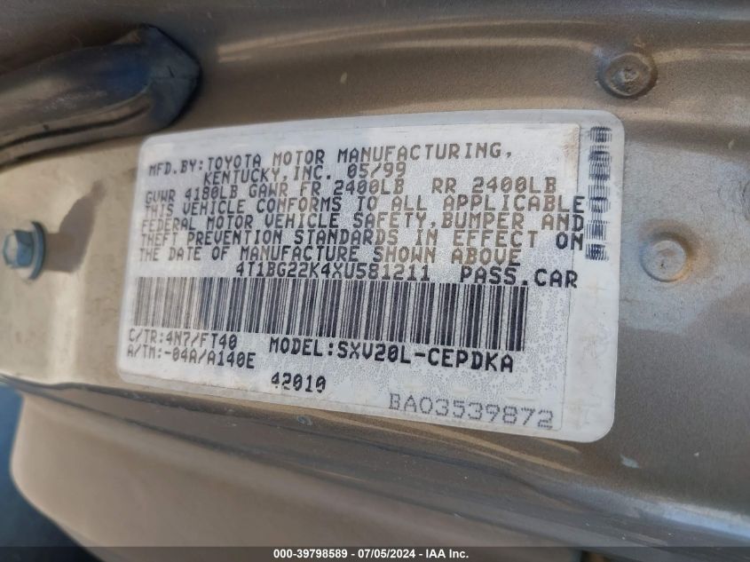 1999 Toyota Camry Ce VIN: 4T1BG22K4XU581211 Lot: 39798589