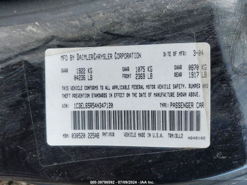 1C3EL65R54N347120 2004 Chrysler Sebring Limited