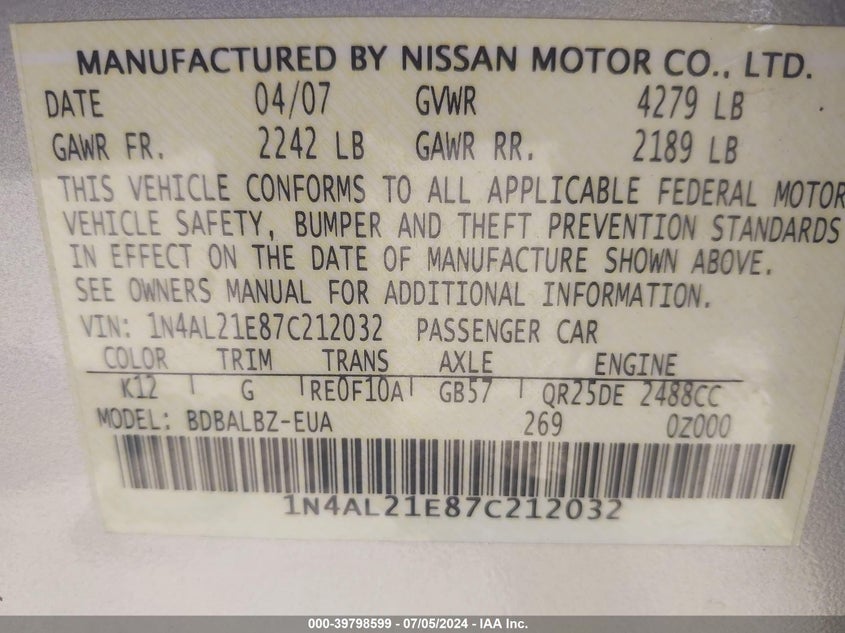 2007 Nissan Altima 2.5 S VIN: 1N4AL21E87C212032 Lot: 39798599