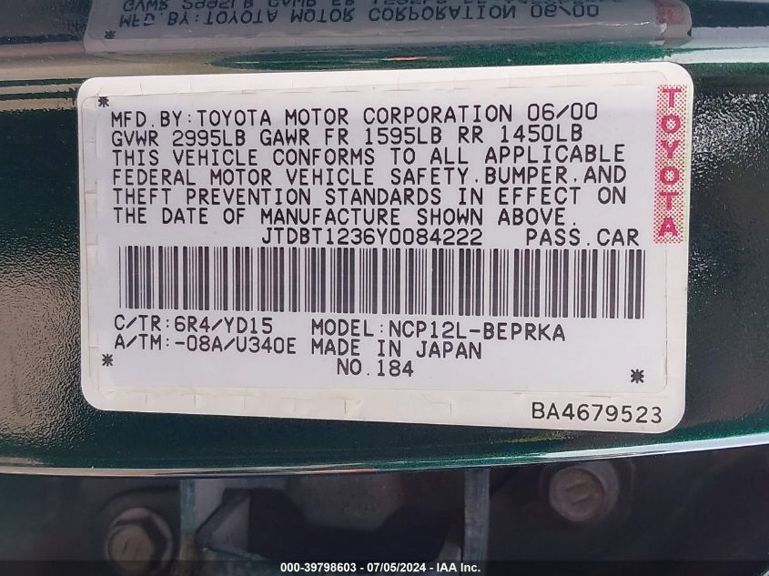 2000 Toyota Echo VIN: JTDBT1236Y0084222 Lot: 39798603