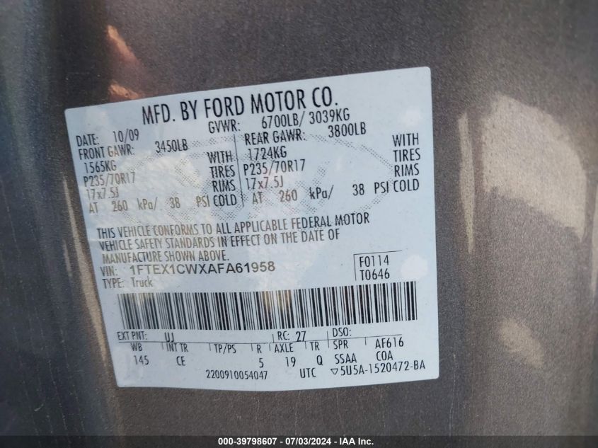 2010 Ford F-150 Stx/Xl VIN: 1FTEX1CWXAFA61958 Lot: 39798607