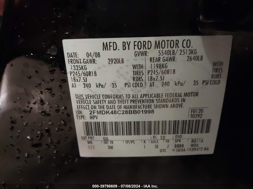 2008 Ford Edge Sel VIN: 2FMDK48C28BB01998 Lot: 39798609