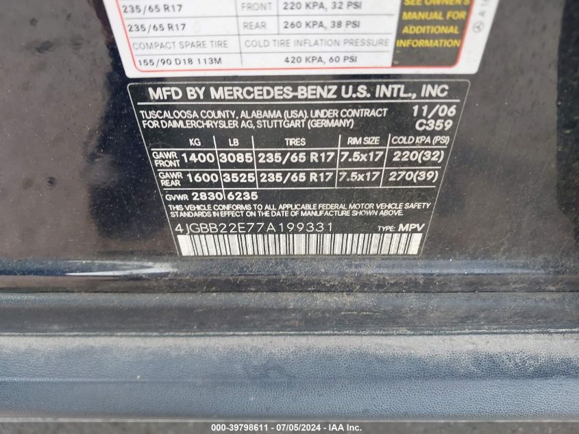 2007 Mercedes-Benz Ml 320 Cdi 4Matic VIN: 4JGBB22E77A199331 Lot: 39798611