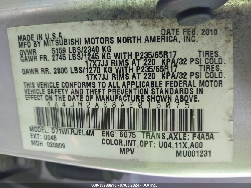 2010 Mitsubishi Endeavor Ls VIN: 4A4JM2AS8AE016075 Lot: 39798613