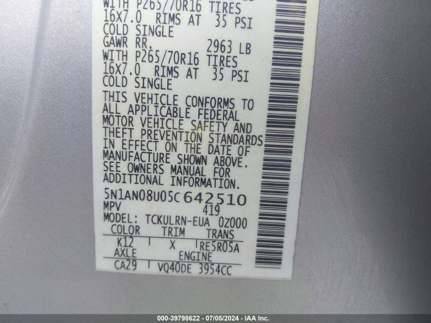 2005 Nissan Xterra S VIN: 5N1AN08U05C642510 Lot: 39798622